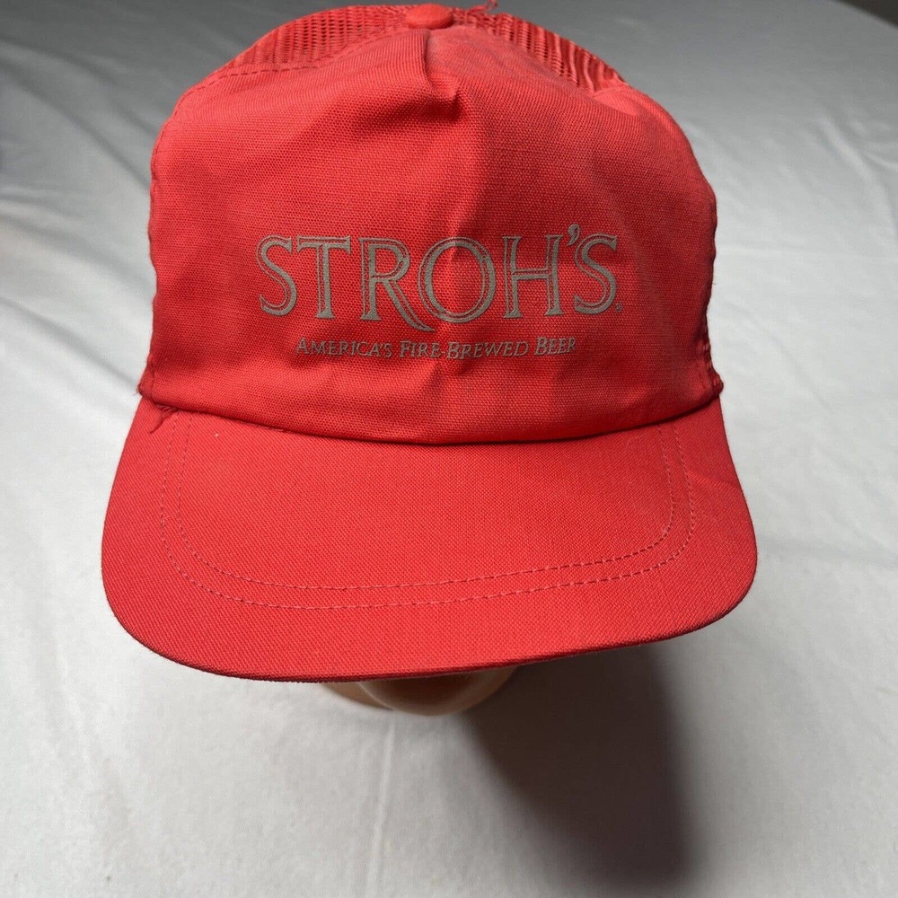 Stroh's Brewing Beer Red Adjustable Cap Trucker Spartan Specialties Hat VTG - Picture 2 of 12